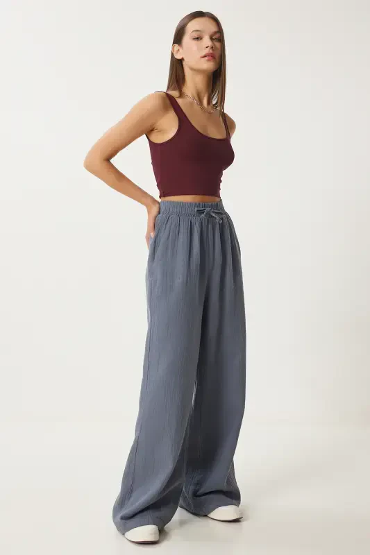 Woman Anthracite Muslin Palazzo Pants MX00160-Anthracite - 2