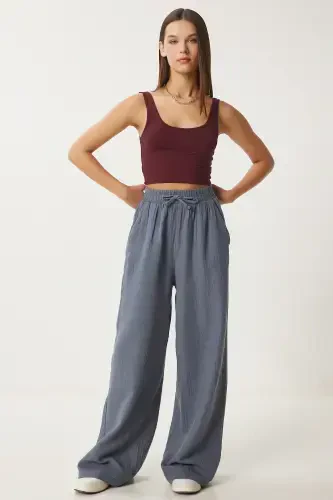 Woman Anthracite Muslin Palazzo Pants MX00160-Anthracite - 3