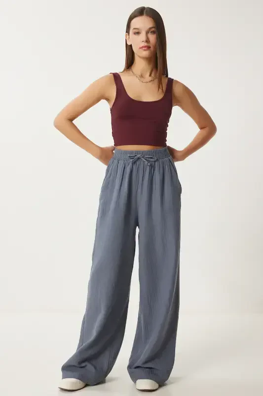 Woman Anthracite Muslin Palazzo Pants MX00160-Anthracite - 3