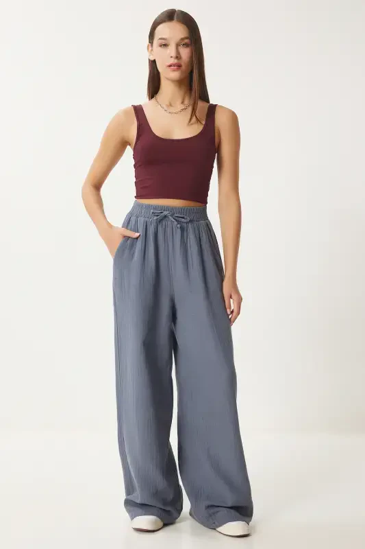 Woman Anthracite Muslin Palazzo Pants MX00160-Anthracite - 4