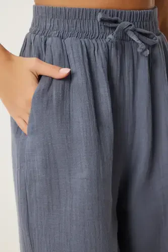 Woman Anthracite Muslin Palazzo Pants MX00160-Anthracite - 6