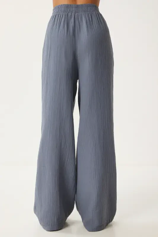 Woman Anthracite Muslin Palazzo Pants MX00160-Anthracite - 7
