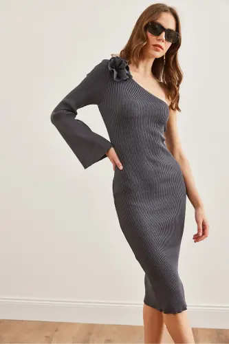 Woman Anthracite One Shoulder Spanish Sleeve Rose Detailed E - 5