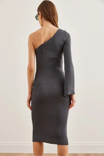 Woman Anthracite One Shoulder Spanish Sleeve Rose Detailed E - 6