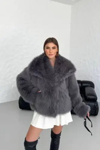 woman anthracite oversize snap-button imported fur coat N - NEŞELI BUTIK (1)