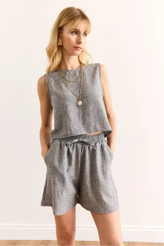 Woman Anthracite Top Back Buttoned Blouse Bottom Pocketed Sho - 4