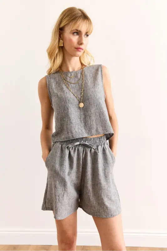 Woman Anthracite Top Back Buttoned Blouse Bottom Pocketed Sho - 4