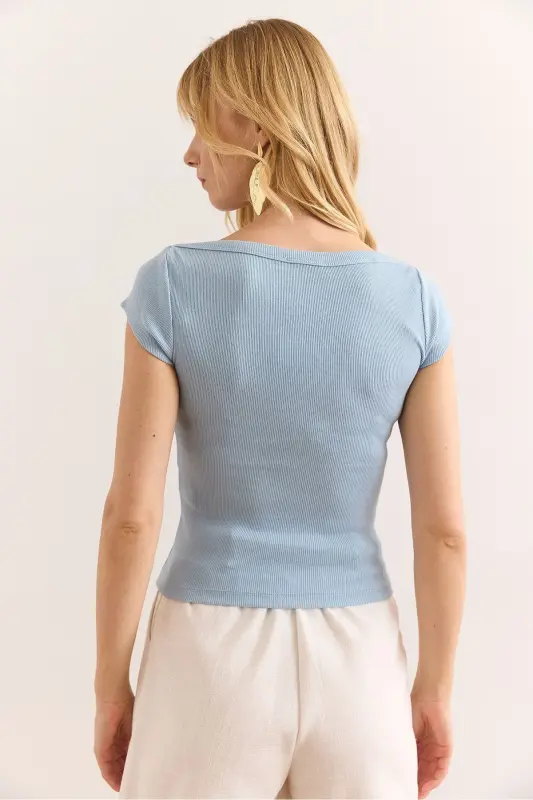 Woman Baby Blue Shoulder Detailed Boat Neck Flexible Cotton - 2