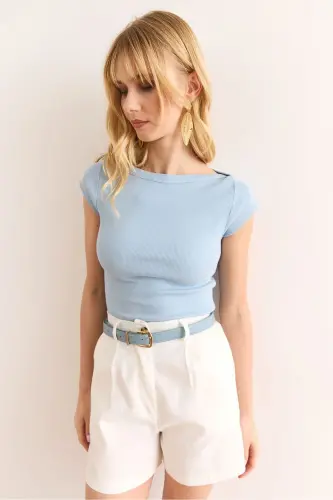 Woman Baby Blue Shoulder Detailed Boat Neck Flexible Cotton - 4