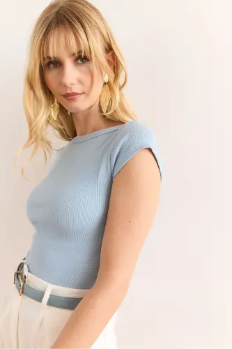 Woman Baby Blue Shoulder Detailed Boat Neck Flexible Cotton - 5