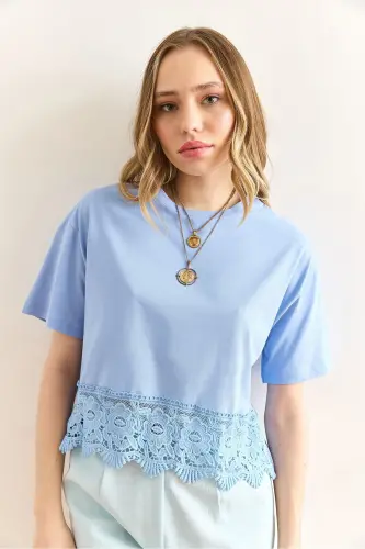 Woman Baby Blue Skirt Guipure Detailed T-Shirt TSH-190 - 3