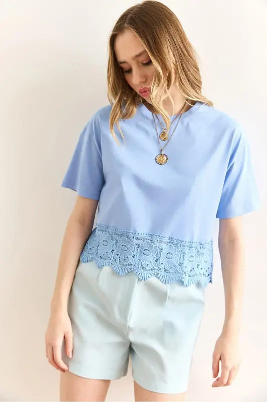 Woman Baby Blue Skirt Guipure Detailed T-Shirt TSH-190 - 4