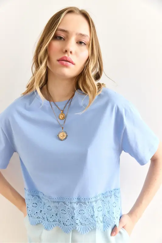 Woman Baby Blue Skirt Guipure Detailed T-Shirt TSH-190 - 5