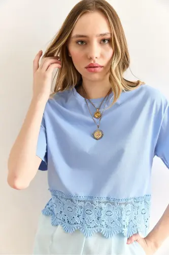 Woman Baby Blue Skirt Guipure Detailed T-Shirt TSH-190 - 7