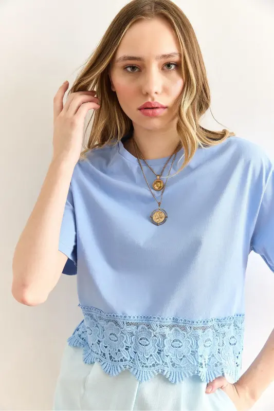 Woman Baby Blue Skirt Guipure Detailed T-Shirt TSH-190 - 7