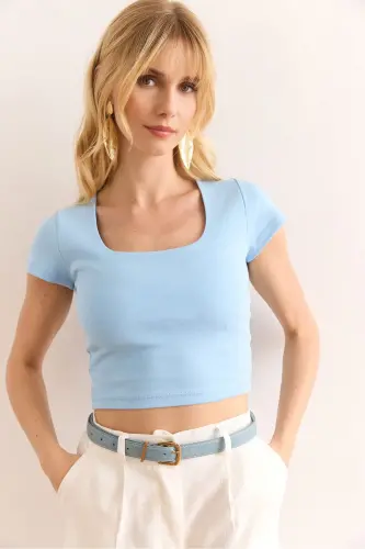 Woman Baby Blue Square Neck Crop Interlock Blouse BLZ-1 