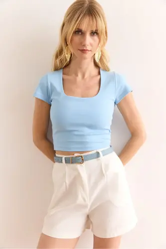 Woman Baby Blue Square Neck Crop Interlock Blouse BLZ-1 - OLALOOK (1)