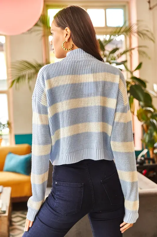 Woman Baby Blue Striped Turtleneck Crop Knit Sweater KZK-19000402-Baby Blue - 4