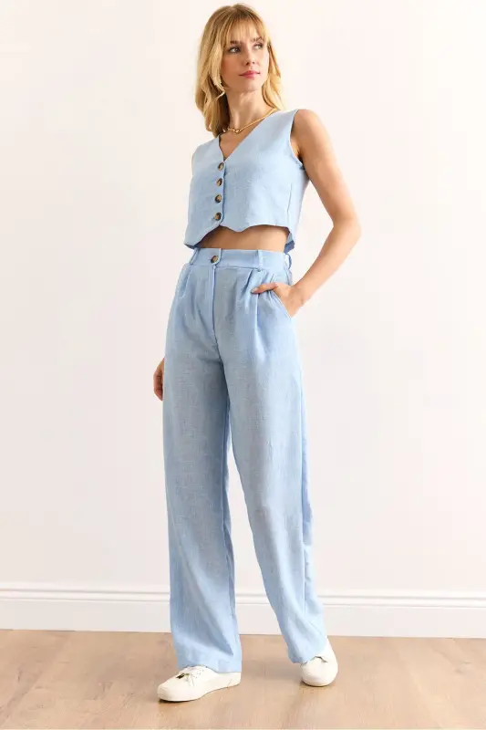 Woman Baby Blue Top Vest Bottom Pocketed Pants Linen - OLALOOK