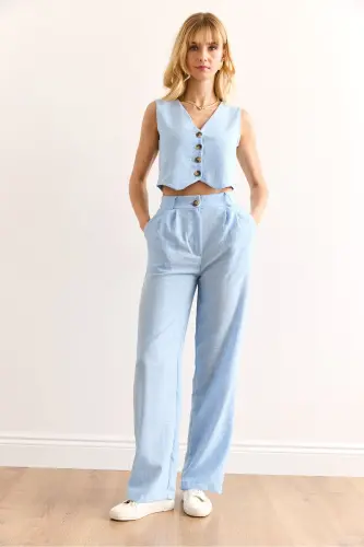Woman Baby Blue Top Vest Bottom Pocketed Pants Linen - 3