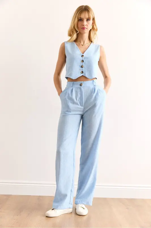Woman Baby Blue Top Vest Bottom Pocketed Pants Linen - 3