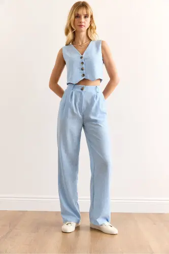 Woman Baby Blue Top Vest Bottom Pocketed Pants Linen - 4