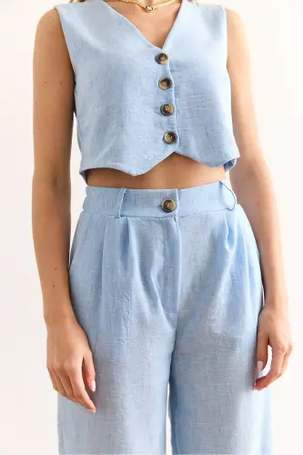 Woman Baby Blue Top Vest Bottom Pocketed Pants Linen - 5
