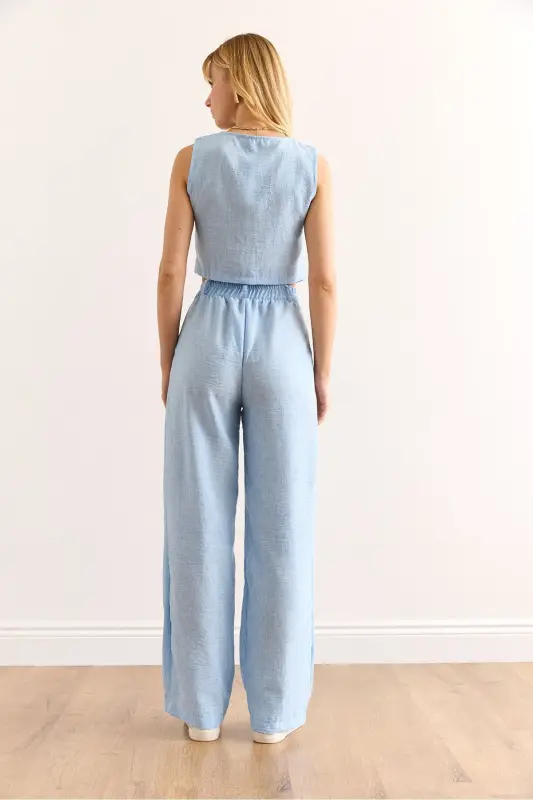 Woman Baby Blue Top Vest Bottom Pocketed Pants Linen - 6
