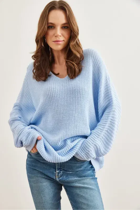 Woman Baby Blue V Neck Cable Knit Oversize Knit Tunic TNK-19000081-Baby Blue - 2