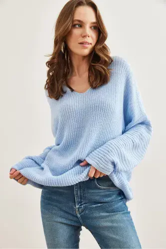 Woman Baby Blue V Neck Cable Knit Oversize Knit Tunic TNK-19000081-Baby Blue - 3