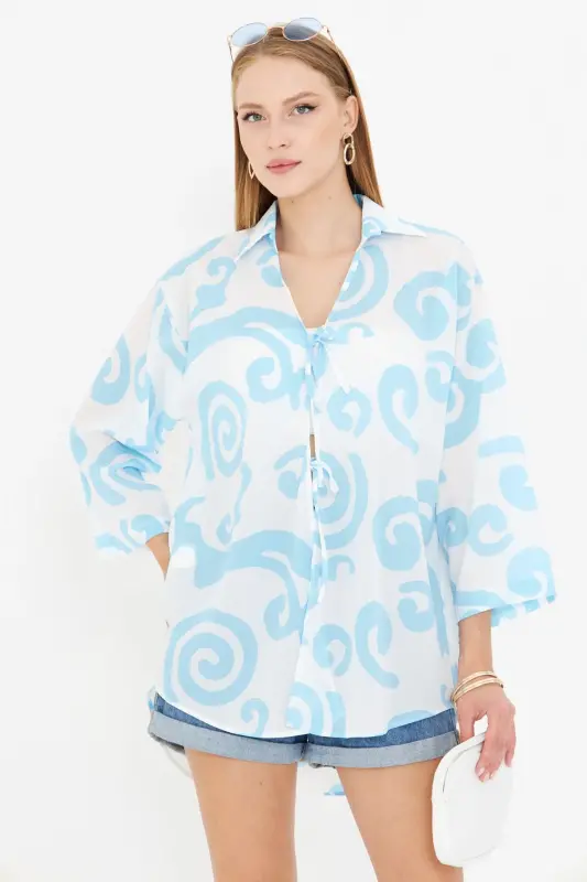 Woman Baby Blue-White Collared Front Tie Kimono Shirt ARM-25K001006-Baby Blue - 1