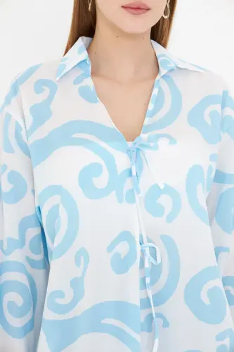 Woman Baby Blue-White Collared Front Tie Kimono Shirt ARM-25K001006-Baby Blue - 4