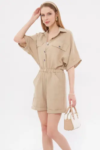 Woman Beige Batwing Sleeve Pocketed Elastic Waist Shorts Jumpsuit ARM-23Y001075-Beige - 1