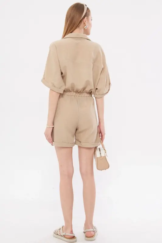 Woman Beige Batwing Sleeve Pocketed Elastic Waist Shorts Jumpsuit ARM-23Y001075-Beige - 5