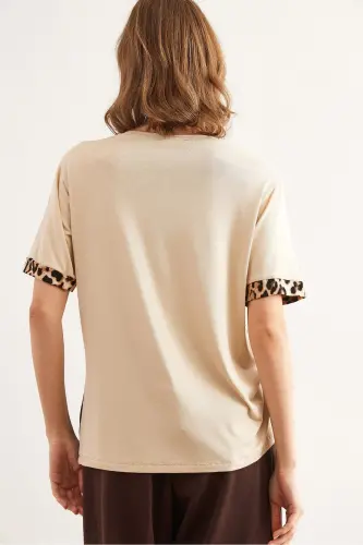 Woman Beige Brown Robe Leopard Trim Knit Viscose T- - 2