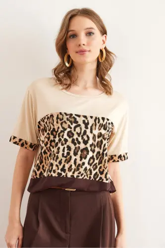 Woman Beige Brown Robe Leopard Trim Knit Viscose T- - 3