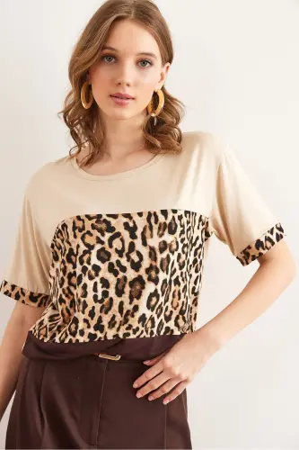 Woman Beige Brown Robe Leopard Trim Knit Viscose T- - 4