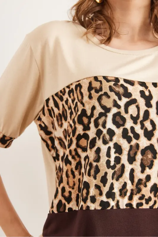 Woman Beige Brown Robe Leopard Trim Knit Viscose T- - 7