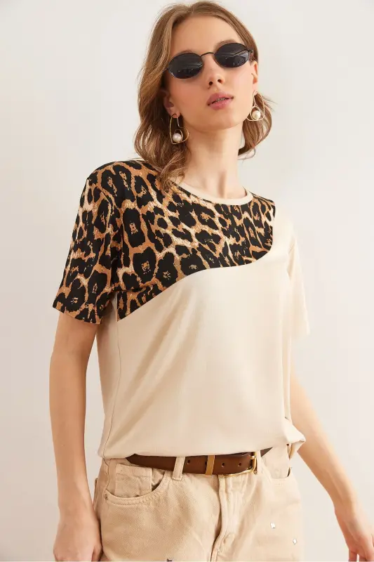 Woman Beige Collar Leopard Detailed Knitted Viscose T-shirt T - 7