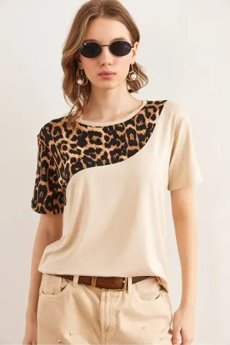 Woman Beige Collar Leopard Detailed Knitted Viscose T-shirt T - 9