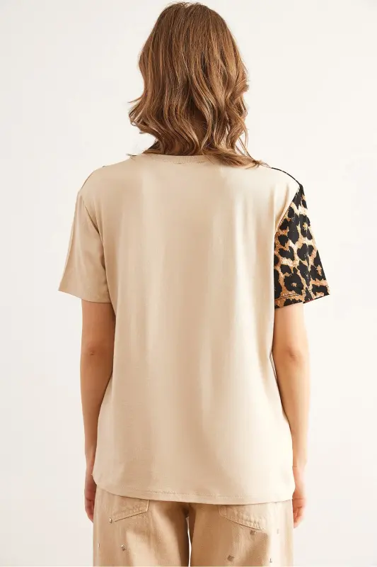 Woman Beige Collar Leopard Detailed Knitted Viscose T-shirt T - 3