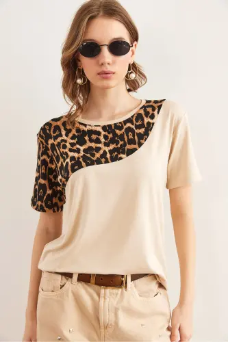 Woman Beige Collar Leopard Detailed Knitted Viscose T-shirt T - 4