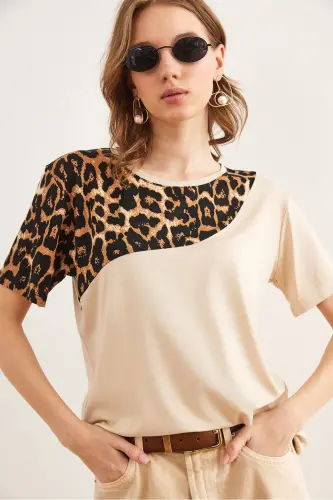 Woman Beige Collar Leopard Detailed Knitted Viscose T-shirt T - 6