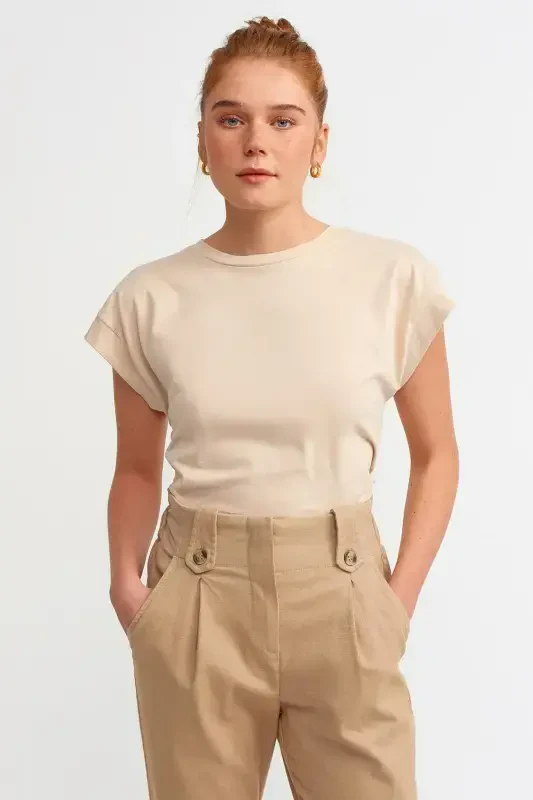 Woman Beige Crew Neck Jersey T-shirt 3504-beige - DILVIN