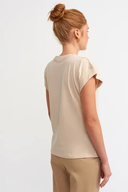 Woman Beige Crew Neck Jersey T-shirt 3504-beige - 3
