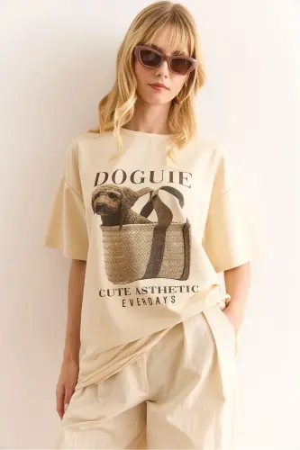 Woman Beige Doguie Printed 2 Yarn Relaxed Fit T-Shirt T - 4