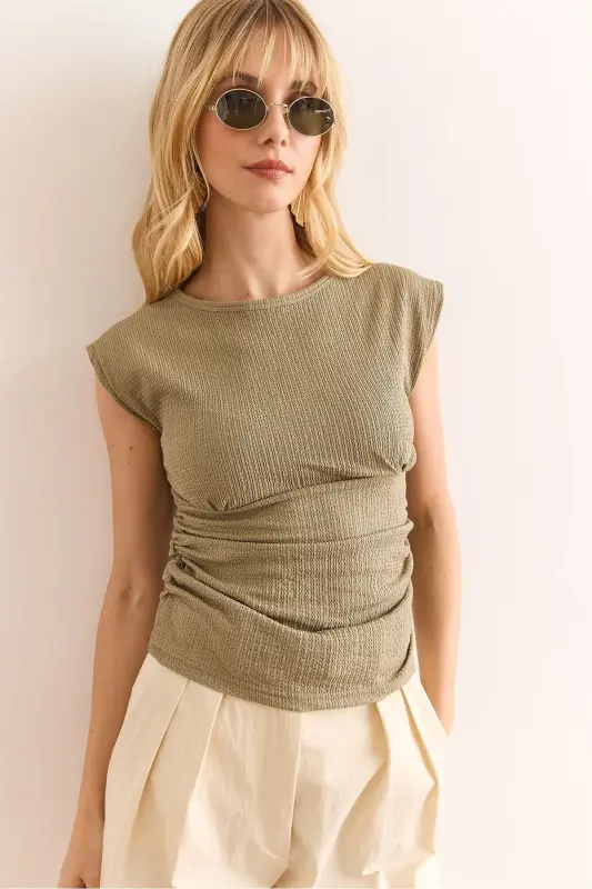 Woman Beige Drape Detailed Crop Crinkle Blouse BLZ-190 - 8