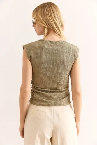Woman Beige Drape Detailed Crop Crinkle Blouse BLZ-190 - 5