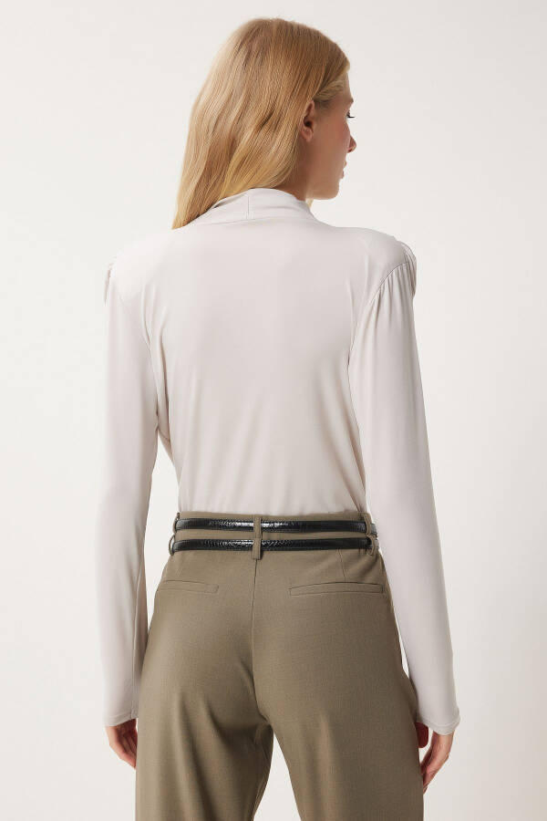 Woman Beige Envelope Neck Frill Snap Sandy Blouse ZH00039 - 4