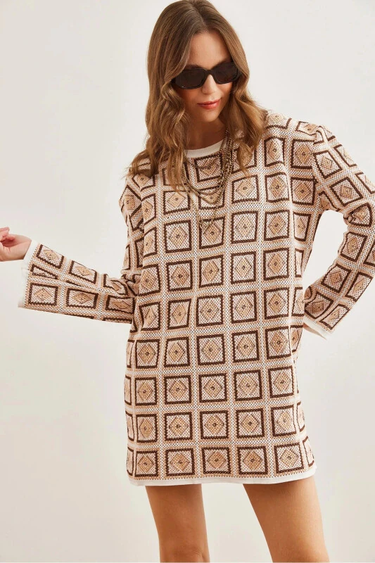 Woman Beige Ethnic Patterned Tricot Tunic Dress CLO-190 - OLALOOK